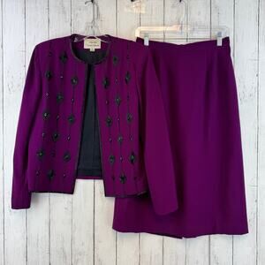 VTG Nolan Miller Purple Black Wool Embellished Beaded Jacket Skirt Outfit Set 10
